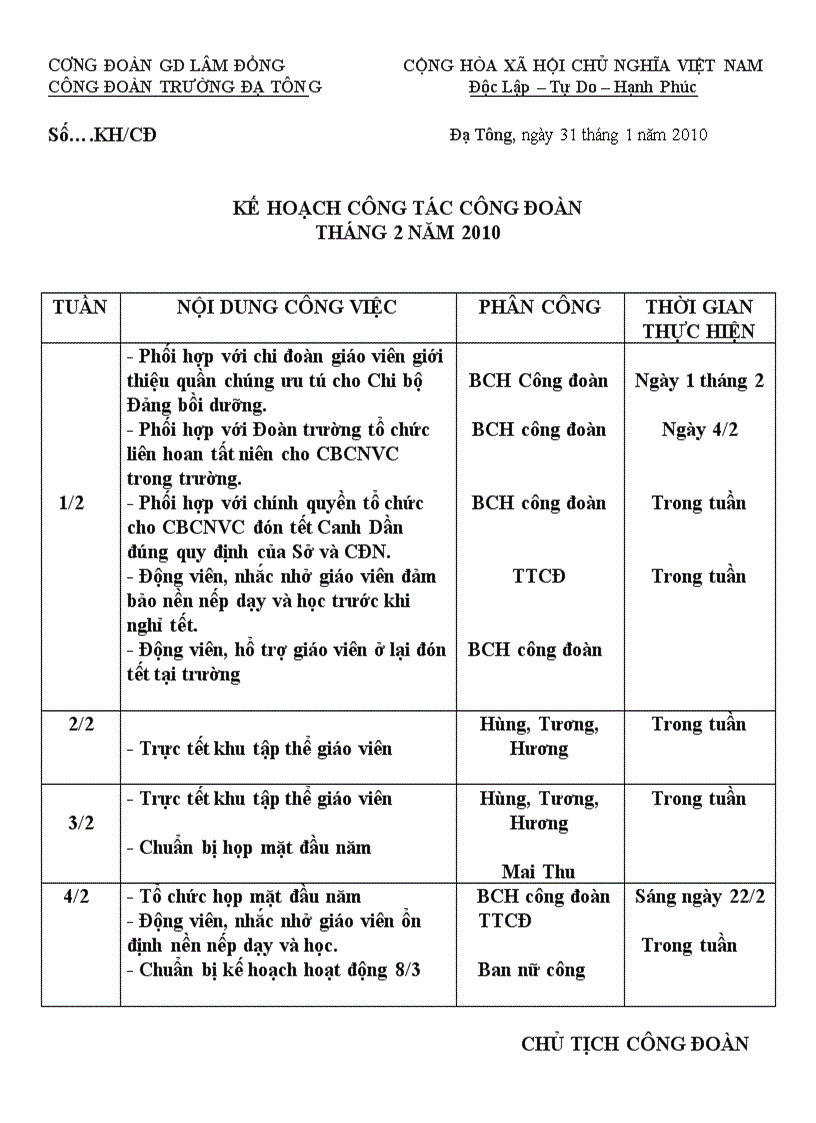 Kế hoạch công tác Công đoàn 2 2010
