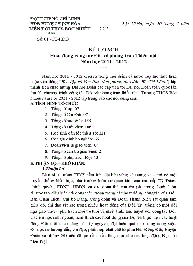 Kế hoạch hoạt động công tác Đội năm 2011 2012 Liên đội THCS Bộc Nhiêu Định Hóa TN