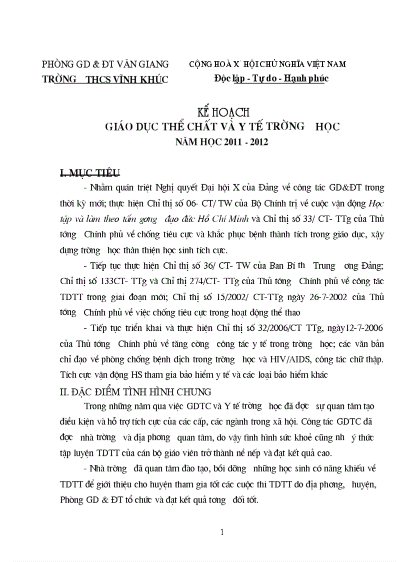 Kế hoạch Giáo dục thể chất và Y tế trường học năm học 2011 2012