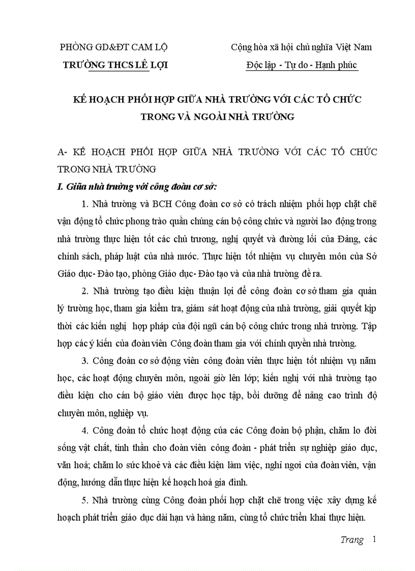 Kế hoạch phối hợp giữa nhà trường với các tổ chức trong và ngoài nhà trường