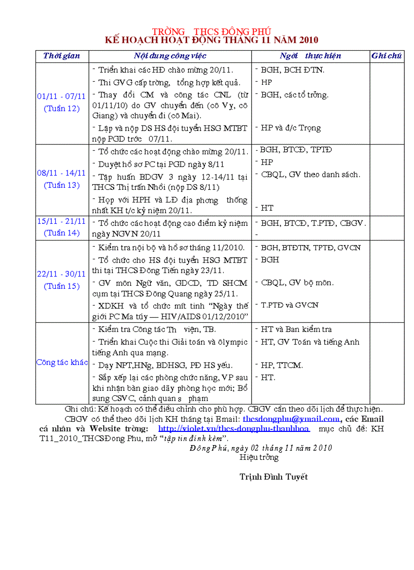 Kế hoạch tháng 11 2010 thcs đông phú