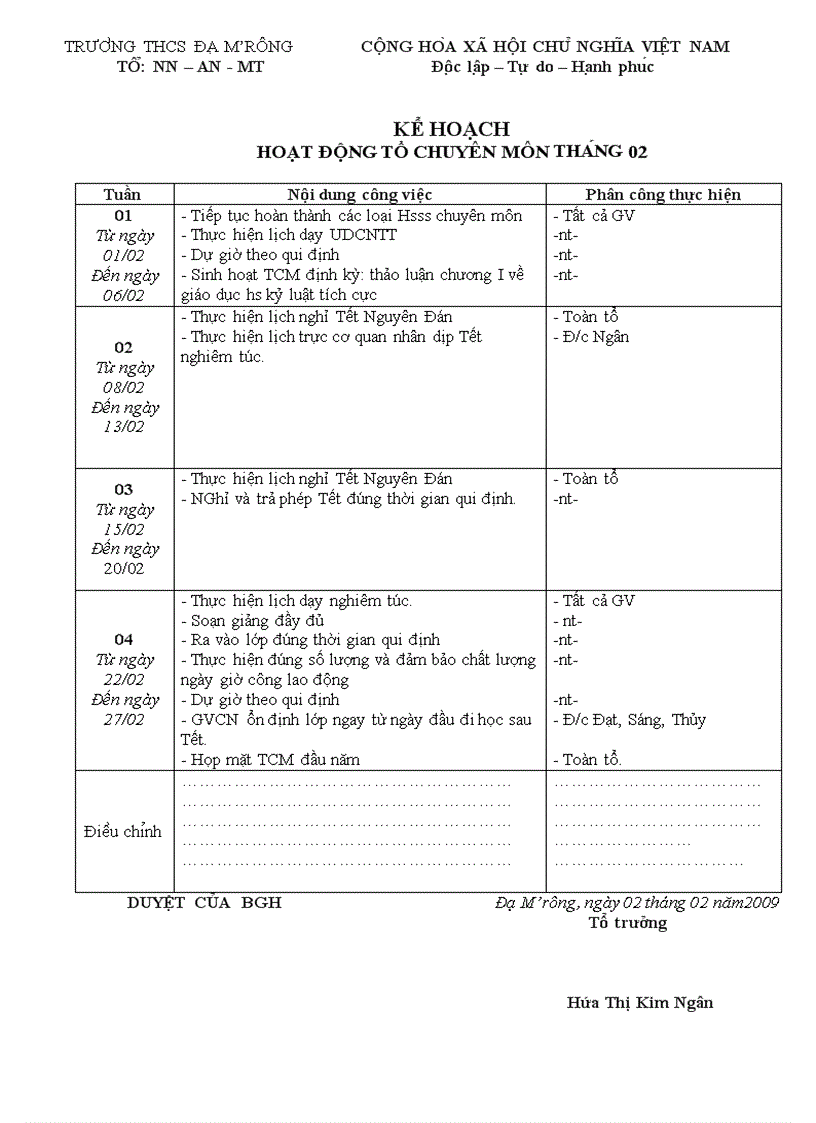 Kế hoạch tổ tháng 2