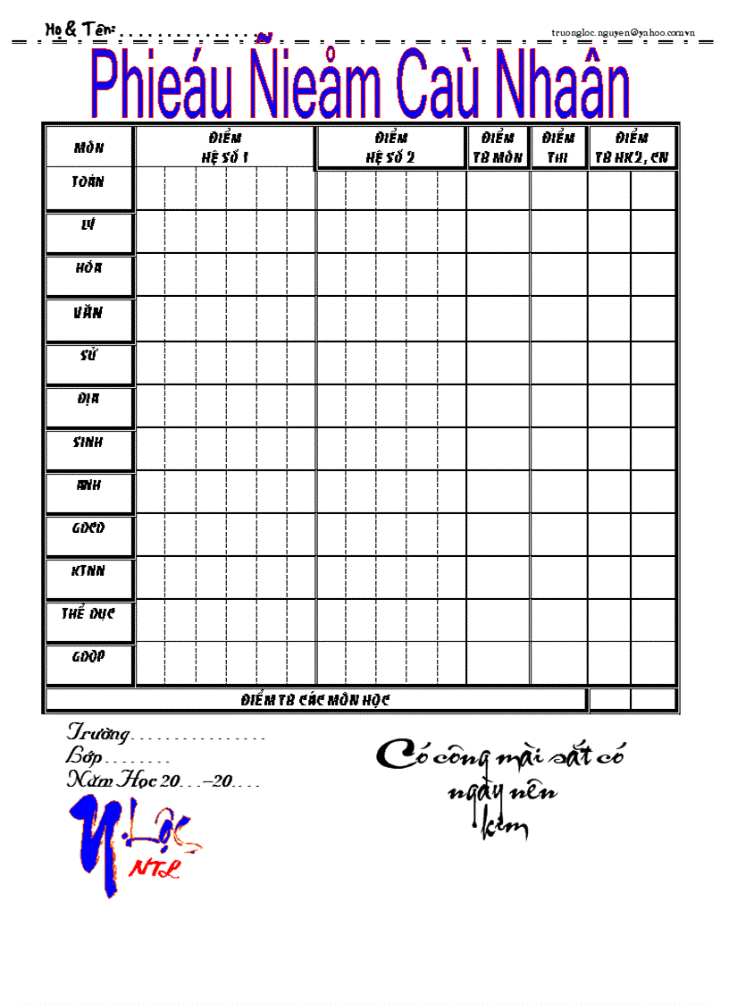 Mẫu Phiếu Điểm Cá Nhân