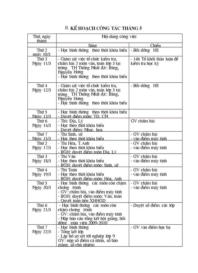 Lịch công tác tháng 5