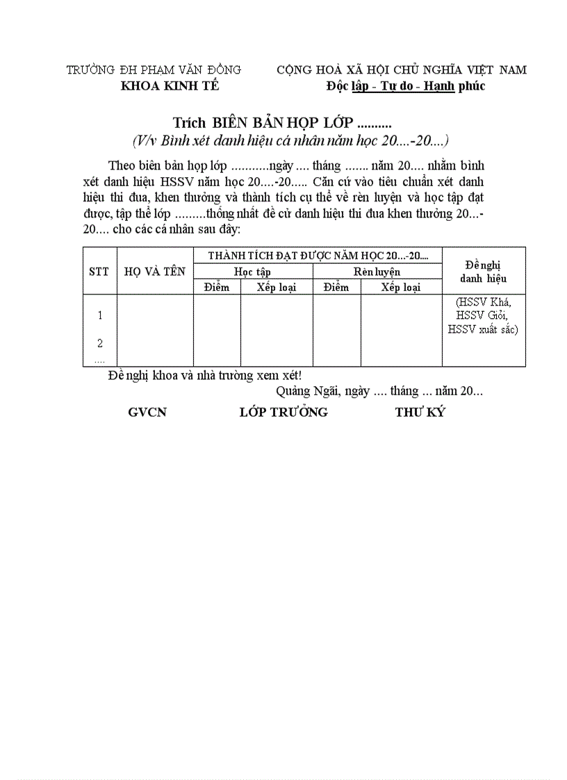 Mẫu trích biên bản xét danh hiệu HSSV