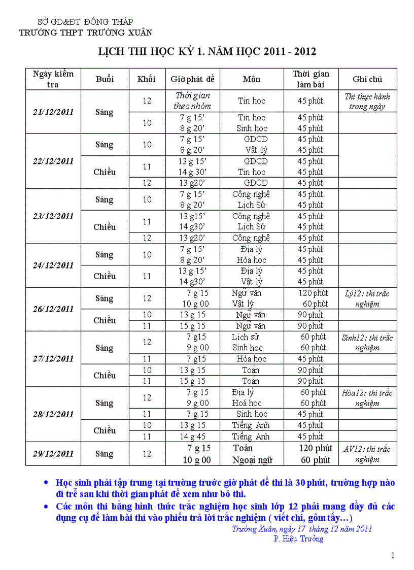 Lịch Thi HK1 Năm Học 2011 2012