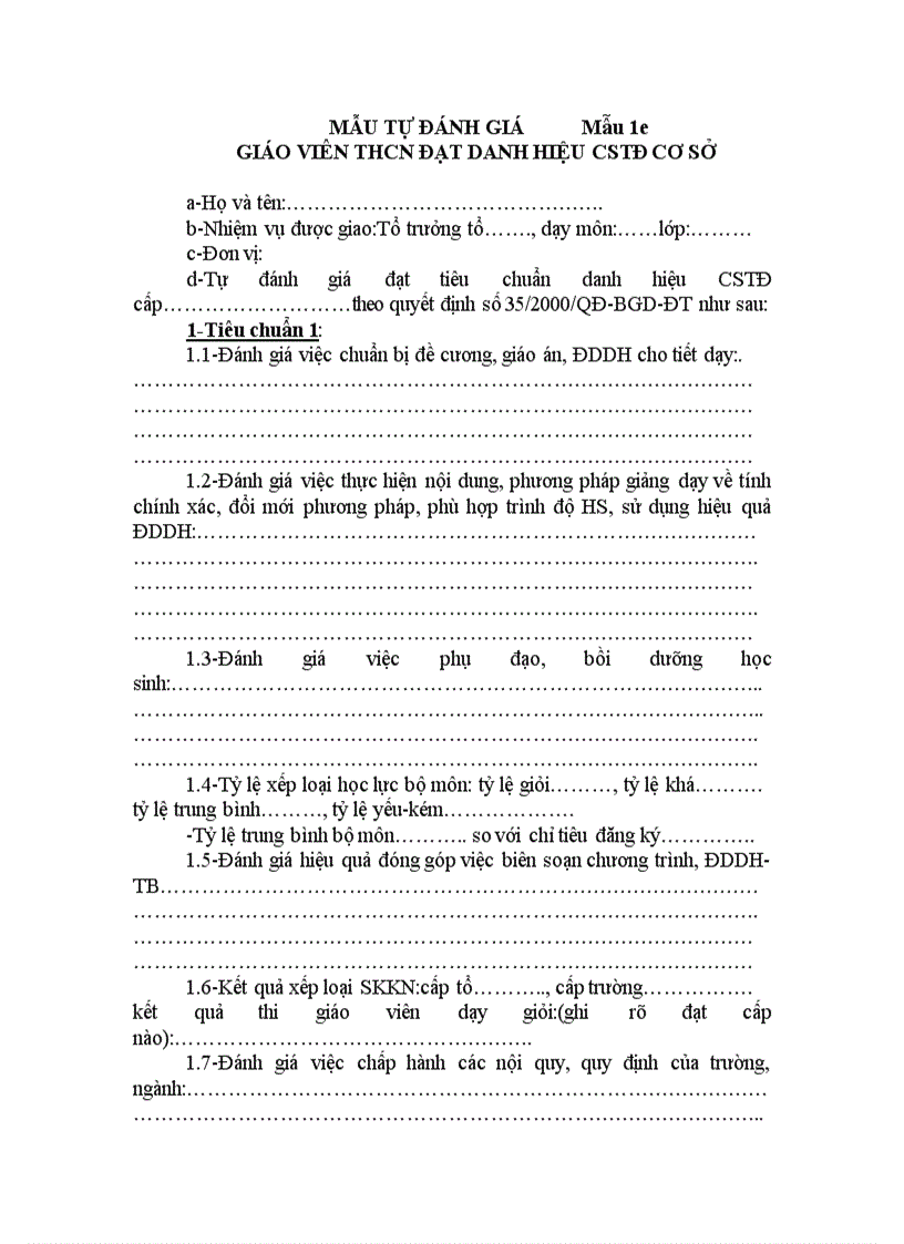 Mẫu tự đánh giá CSTĐ cấp cơ sở GV TH chuyên nghiệp