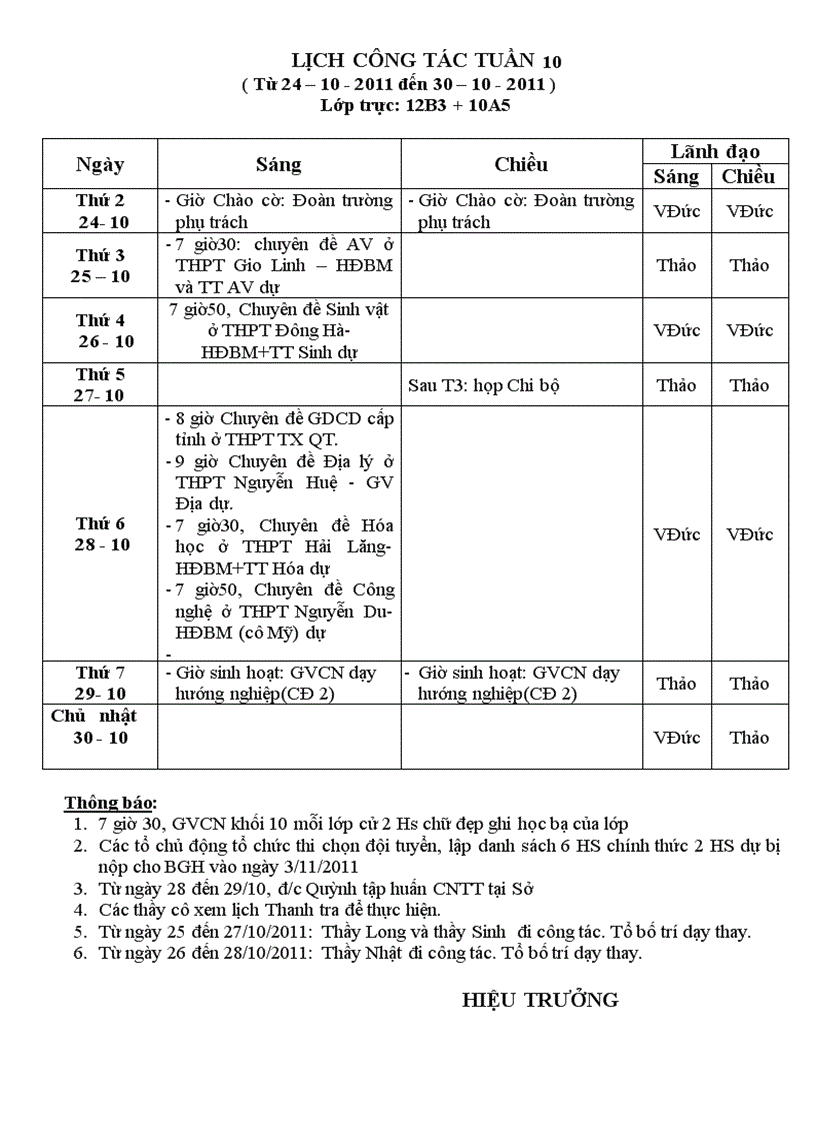 Lịch công tác tuần 10
