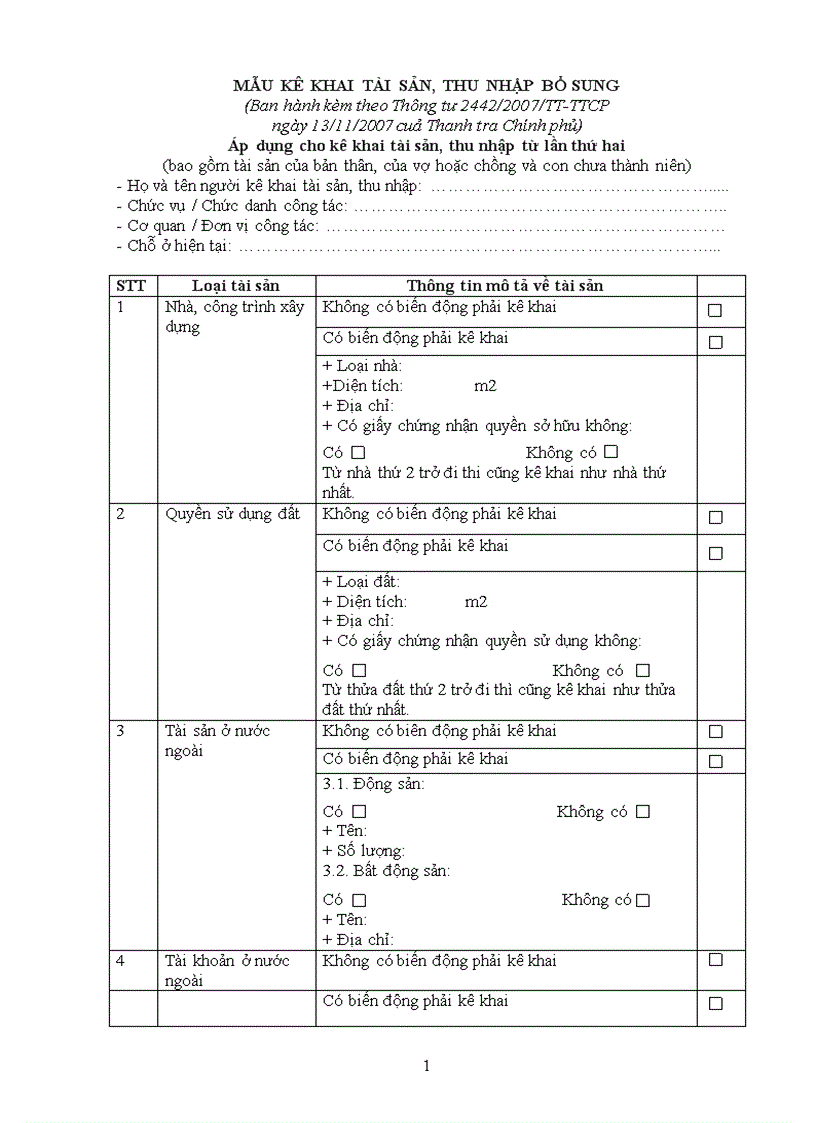 Mẫu kê khai TS 1