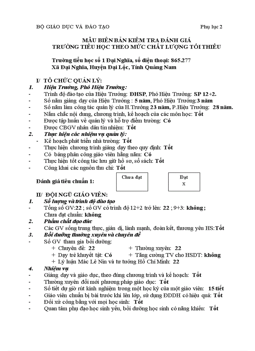 Mẫu biên bản kiểm tra đánh giá trường TH theo mức chất lượng tối thiểu
