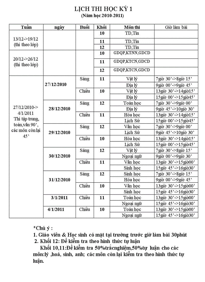 Lịch thi học kỳ i năm học 2010 2011 1