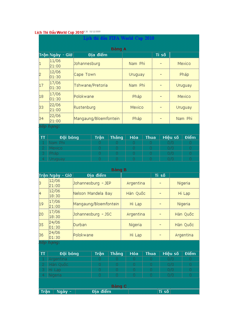 Lịch thi đấu worldcups năm 2010