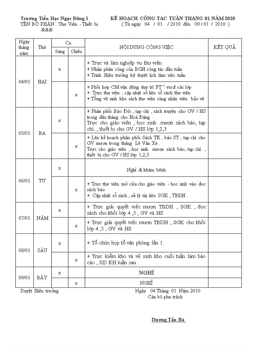 Lịch trực 40 giờ thư viện tháng 01 2010