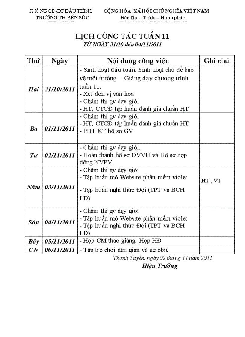 Lịch công tác tuần 11 NH 11 12