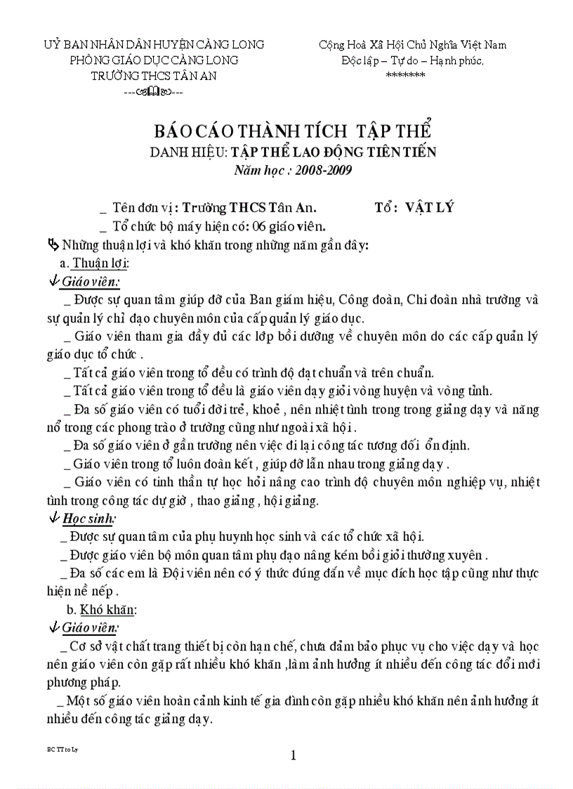 Mẫu báo cáo thành tích tập thể tổ vật lý 2008 2009