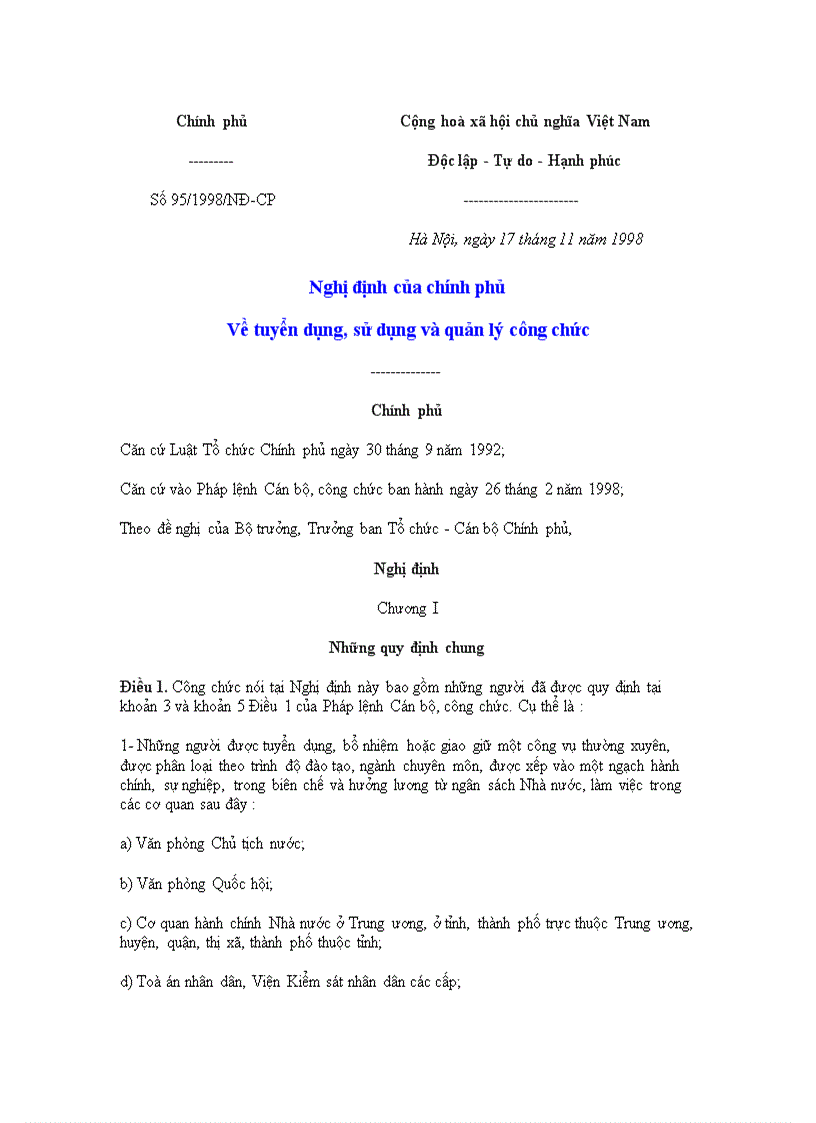 NĐ 95 CP Về tuyển dụng quản lý công chức 1998