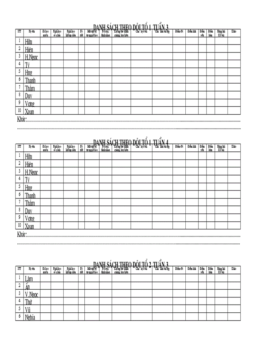 Mẫu theo dõi tổ trong lớp học theo từng tuần