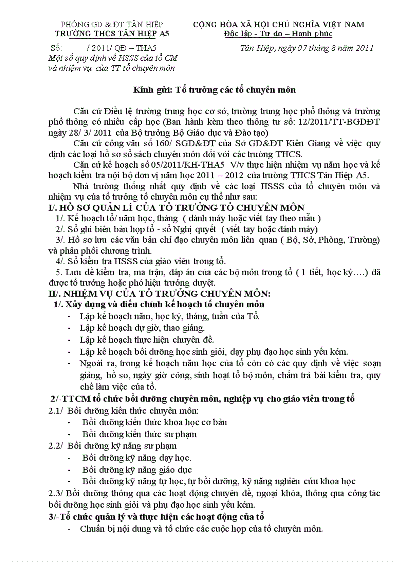 Một số quy định về HSSS của tổ CM và nhiệm vụ của TT tổ chuyên môn