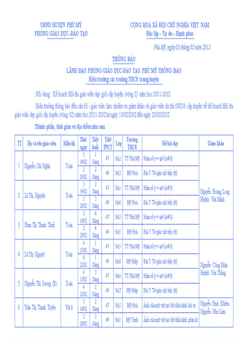 Lịch thi GVDG cấp huyện