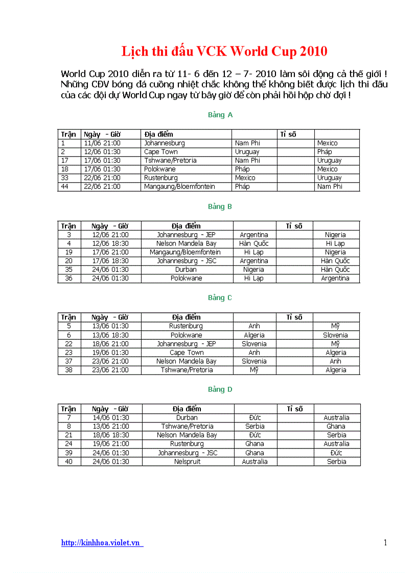 Lịch thi đấu VCK World Cup 2010