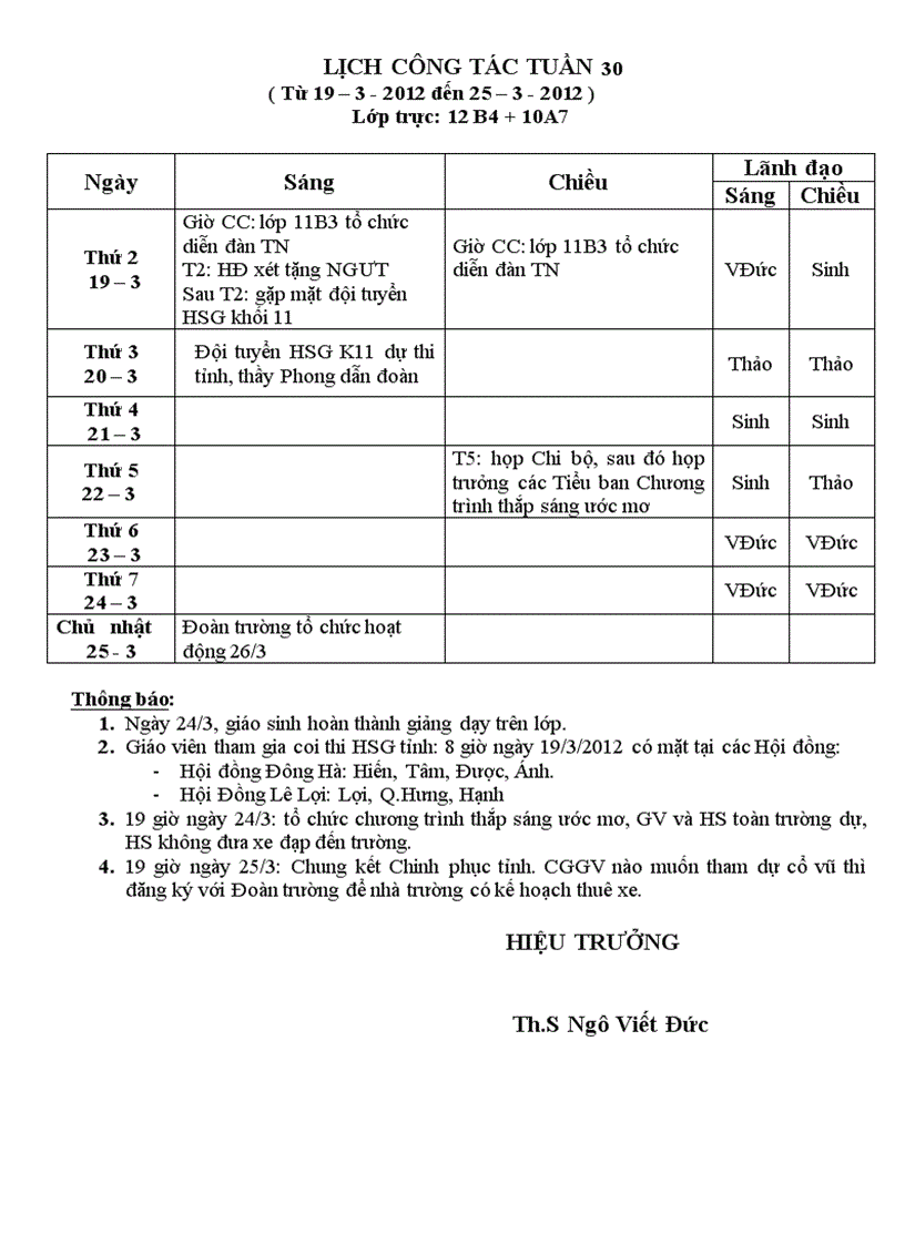 Lịch công tác tuần 30