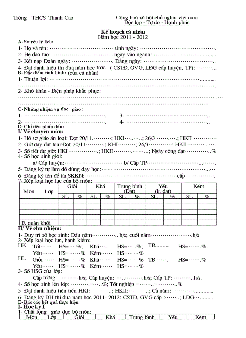 Mẫu KẾ HOẠCH CÁ NHÂN TC