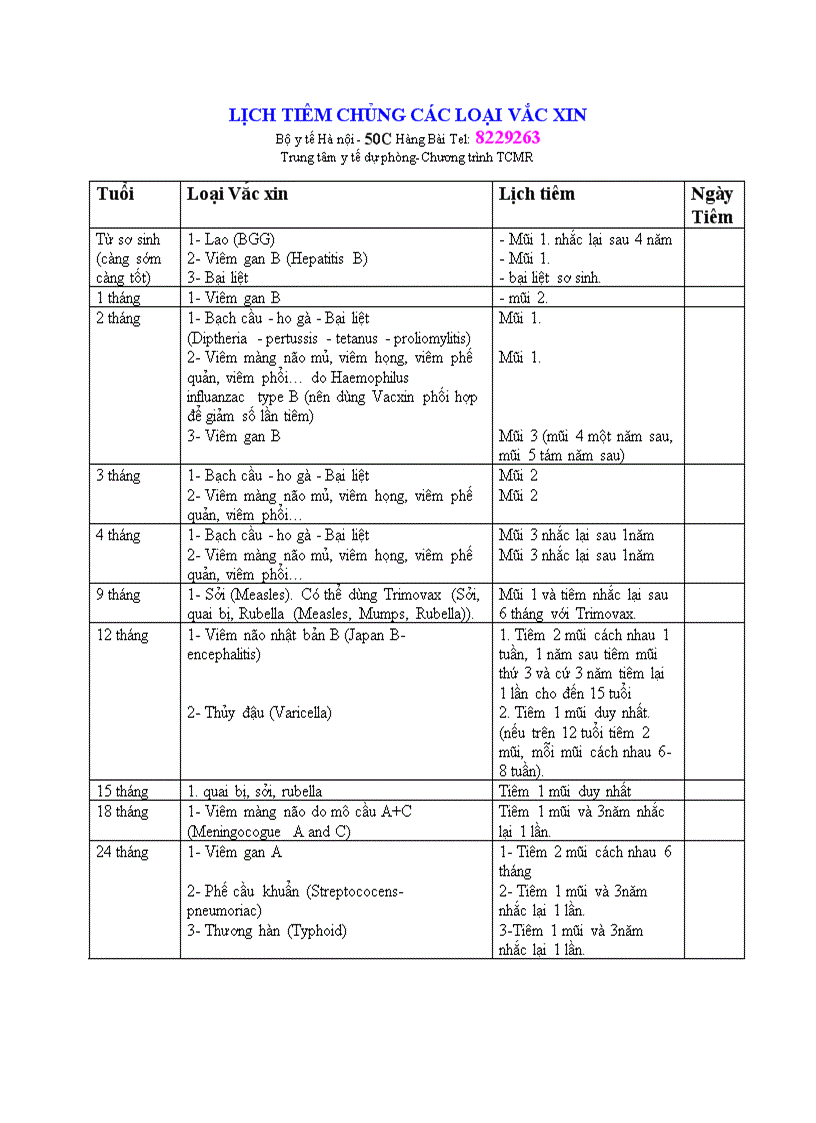 Lịch tiêm chủng các loại vắc xin