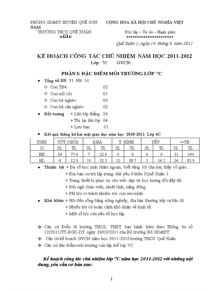 Kế hoạch chủ nhiệm lớp 1