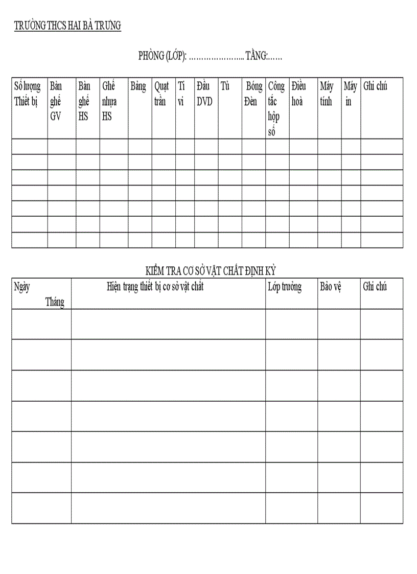 Mẫu Sổ quản lý bàn giao cơ sở vật chất