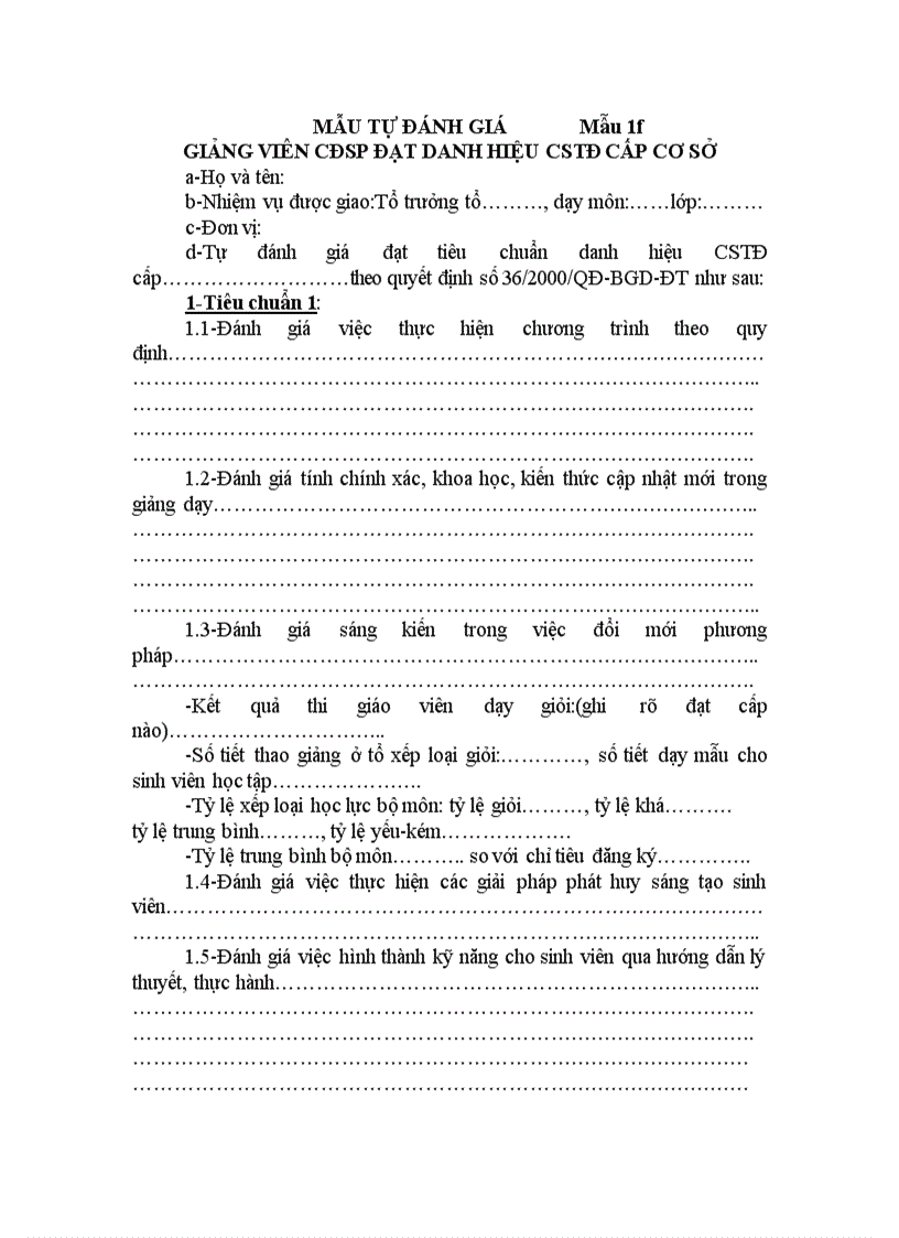Mẫu tự đánh giá CSTĐ cấp cơ sở GV CĐSP