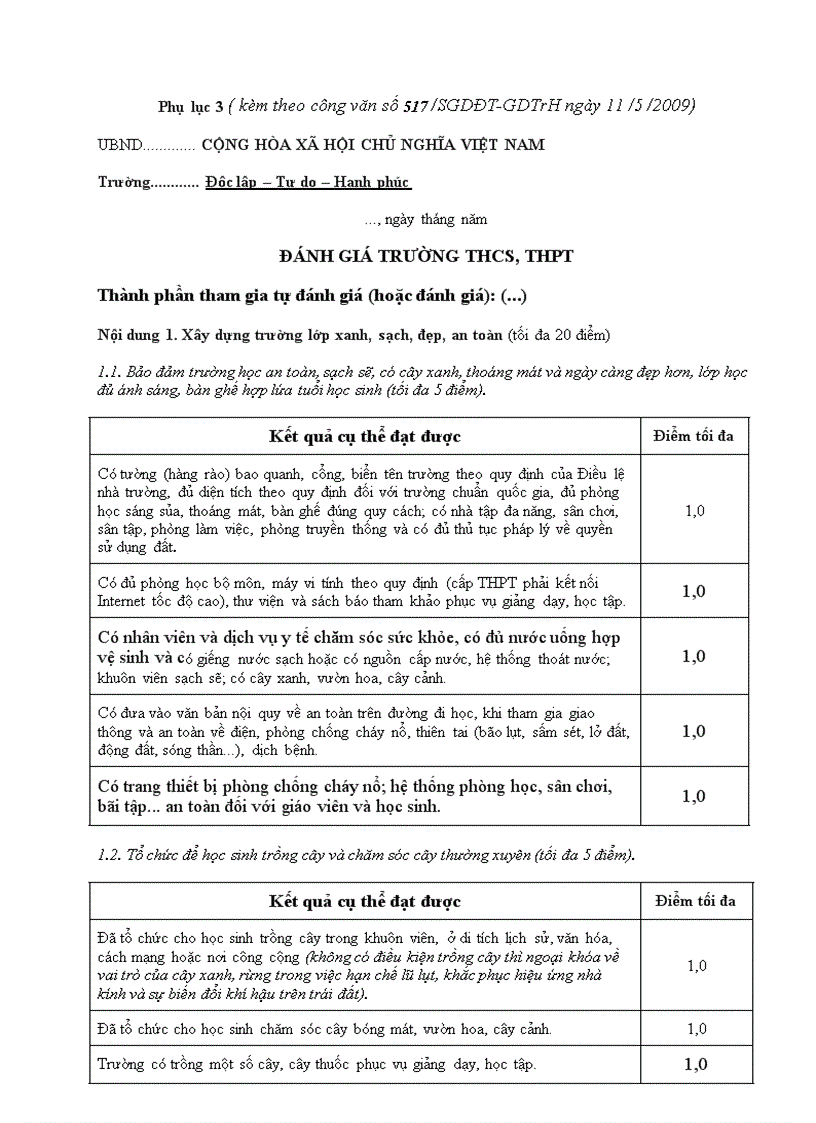 Mẫu đánh giá trường học thân thiên 1