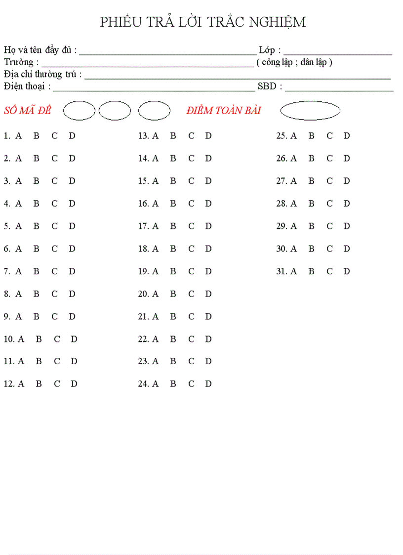 Mẫu Phiếu trả lời Trắc Nghiệm