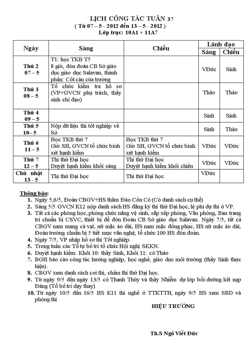 Lịch công tác tuần 37