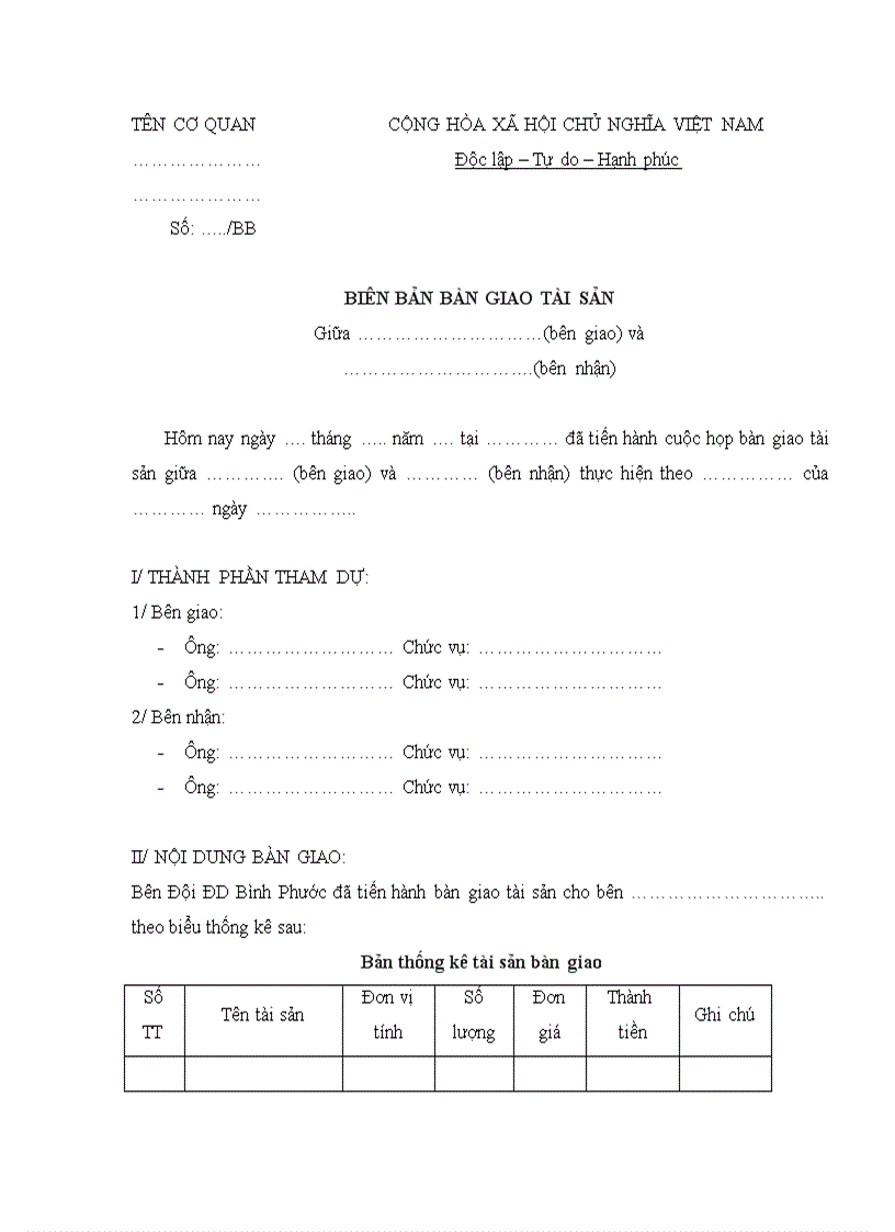 Mẫu biên bản bàn giao tài sản