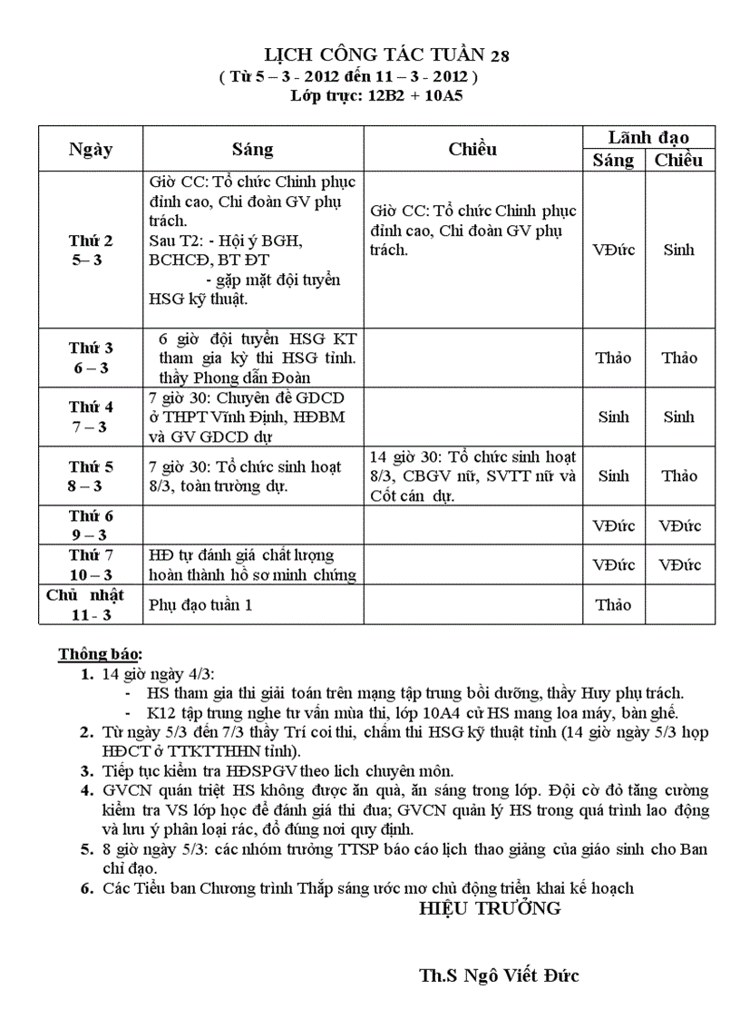 Lịch công tác tuần 28