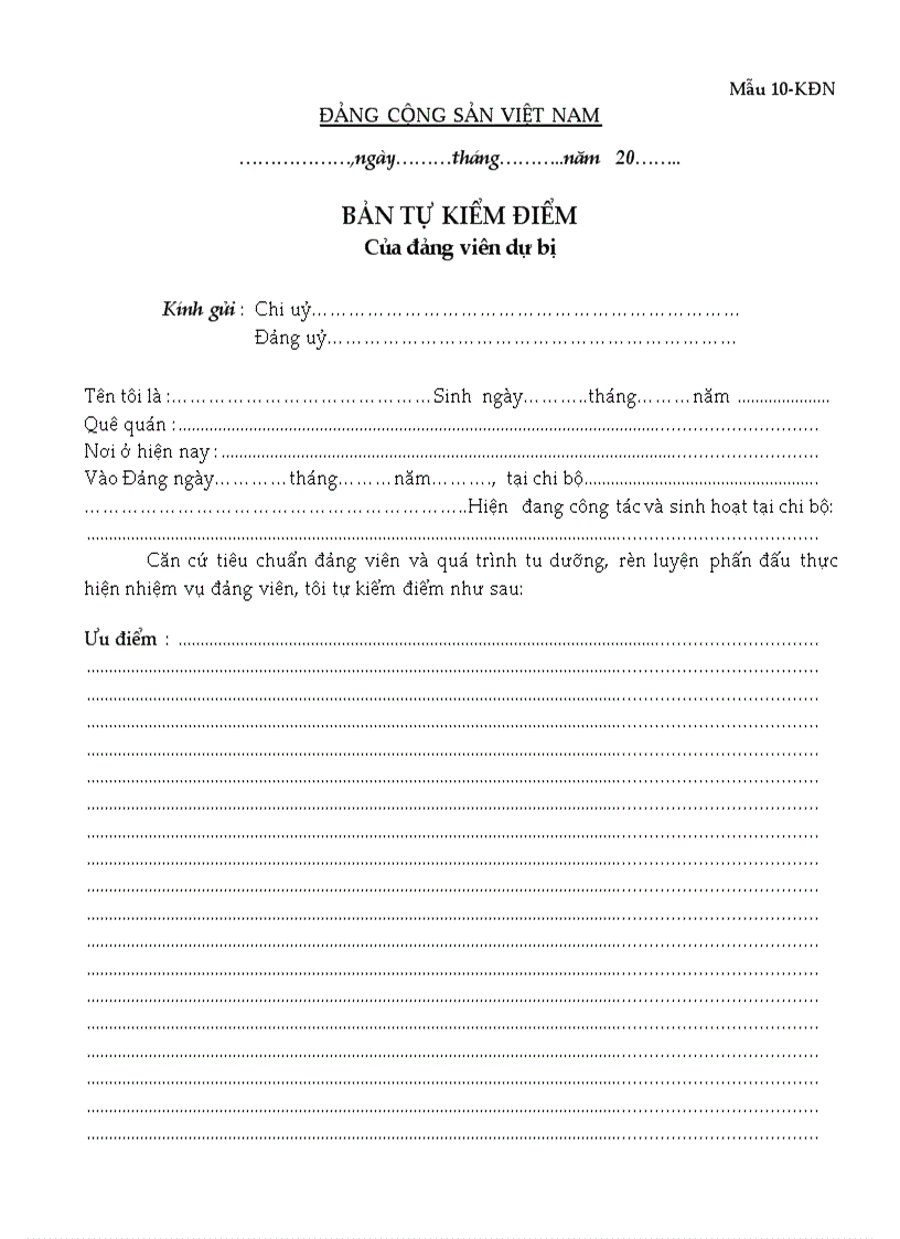 Mẫu bản kiểm điểm của đảng viên