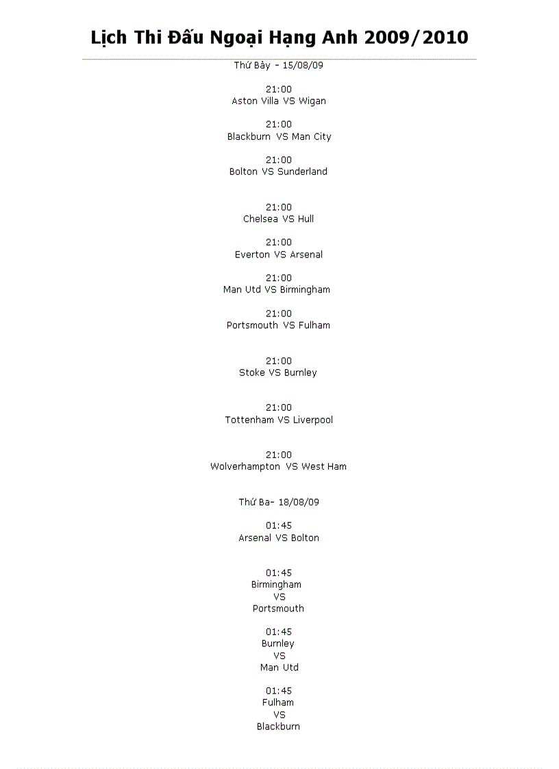 Lịch thi đấu B đá ngoại hạng Anh 09 10