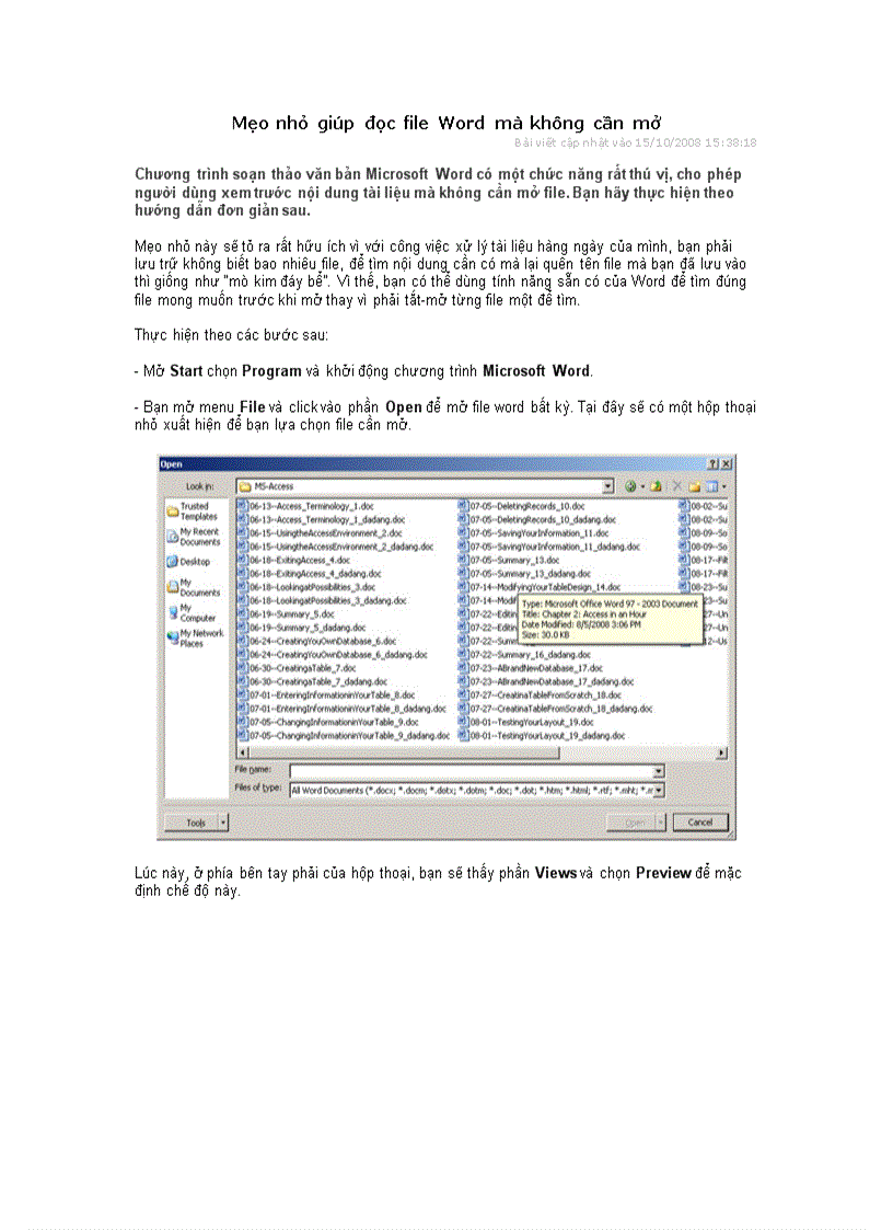 Mẹo nhỏ giúp đọc file Word mà không cần mở
