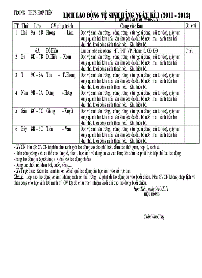 Lịch LĐ vệ sinh kì 1 năn 2011 2012