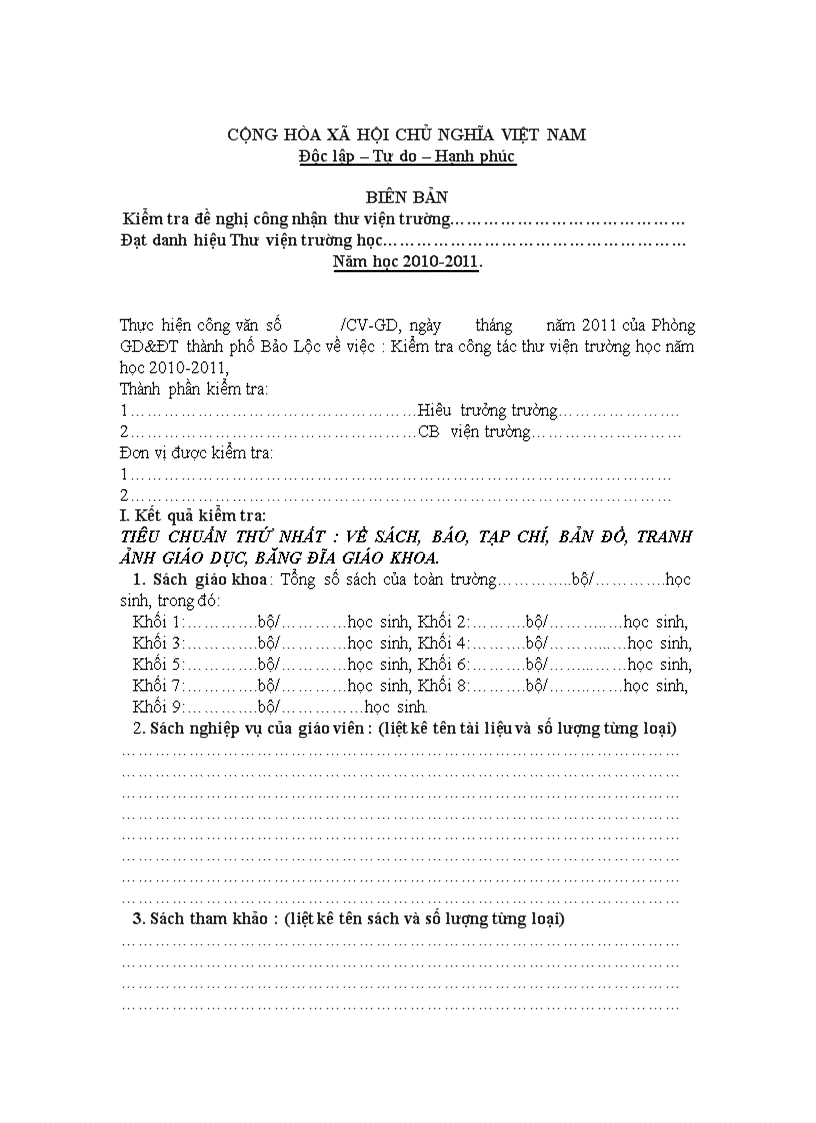 MẪU biên bản KT thư viện trường học 2010 2011