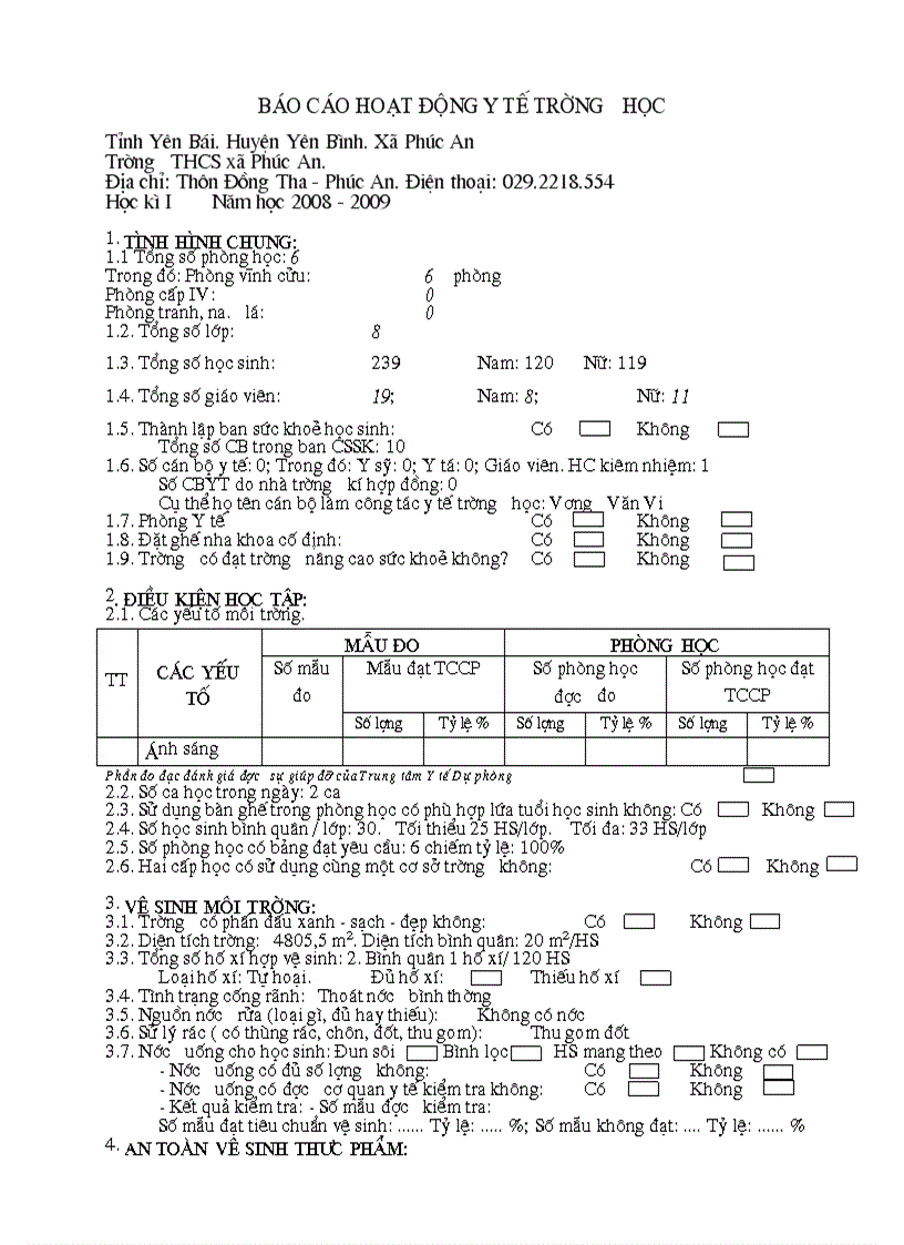 Mẫu báo cáo y tế học đường
