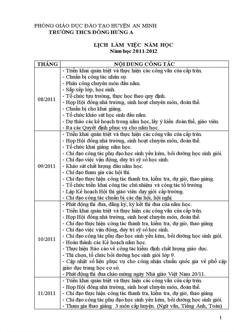 Lịch làm việc năm học 2011 2012