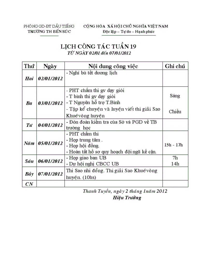 Lịch công tác tuần 19 NH 11 12