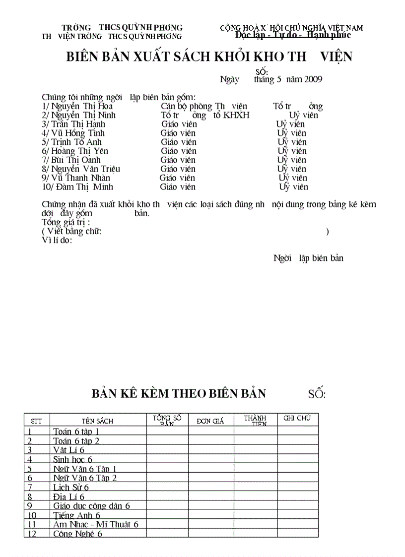 Mẫu BB K kê Thư viện hay