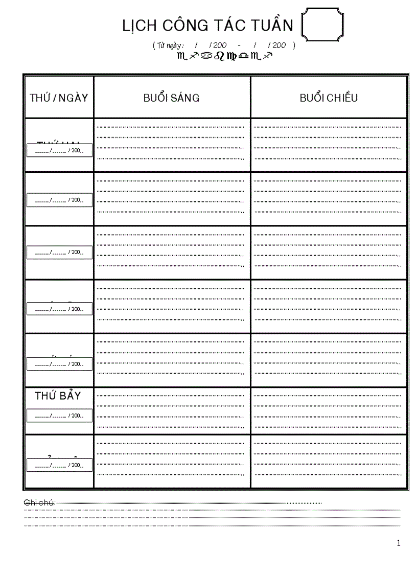 Mẫu Lịch công tác tuần