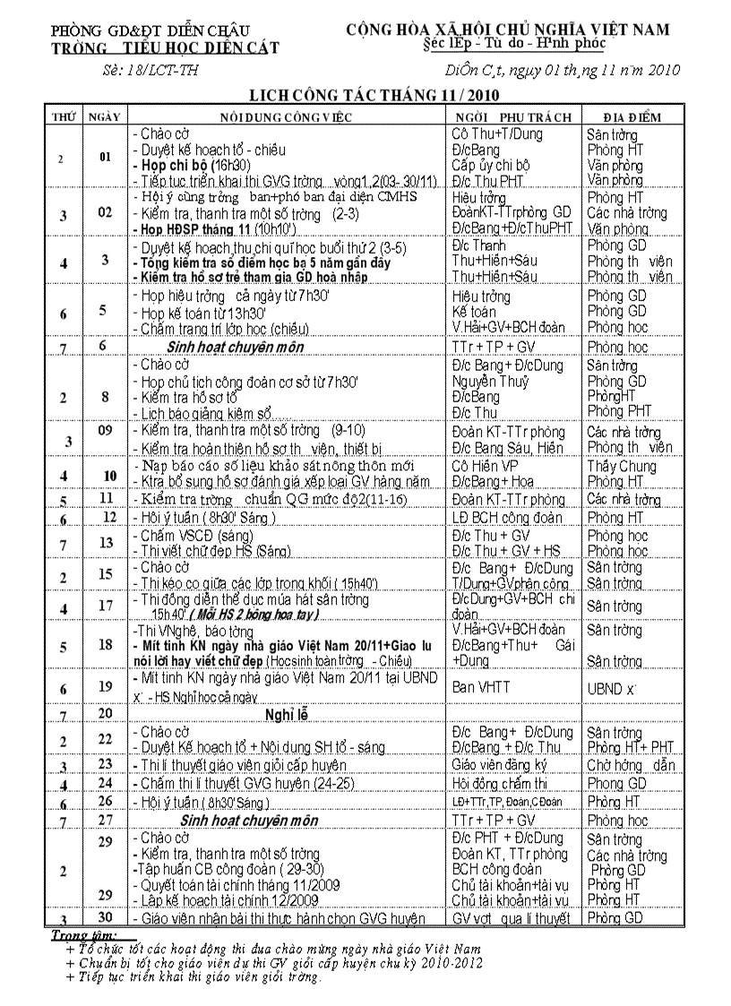 Lịch công tác tháng 11 năm 2010