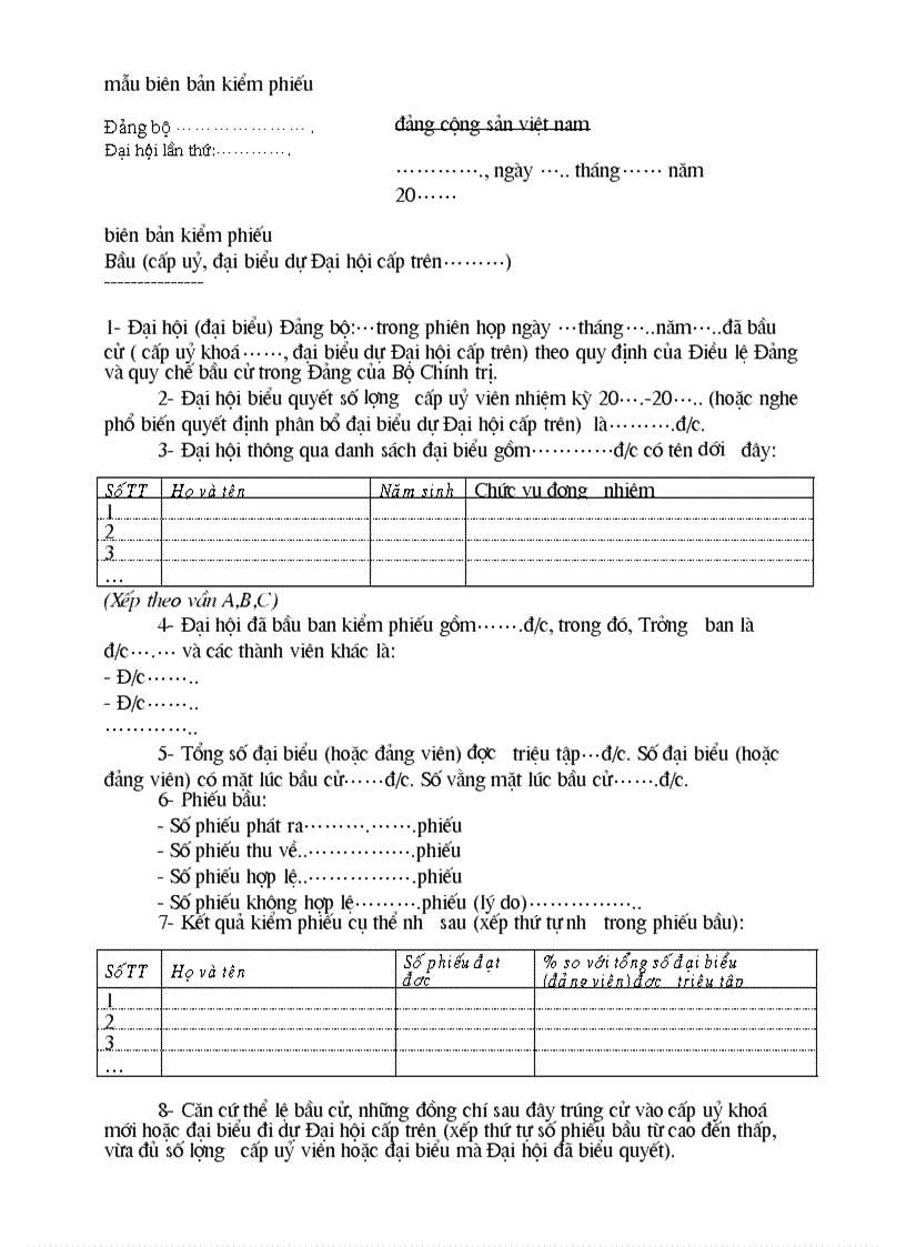 Mẫu biên bản kiểm phiếu đại hội đảng các cấp