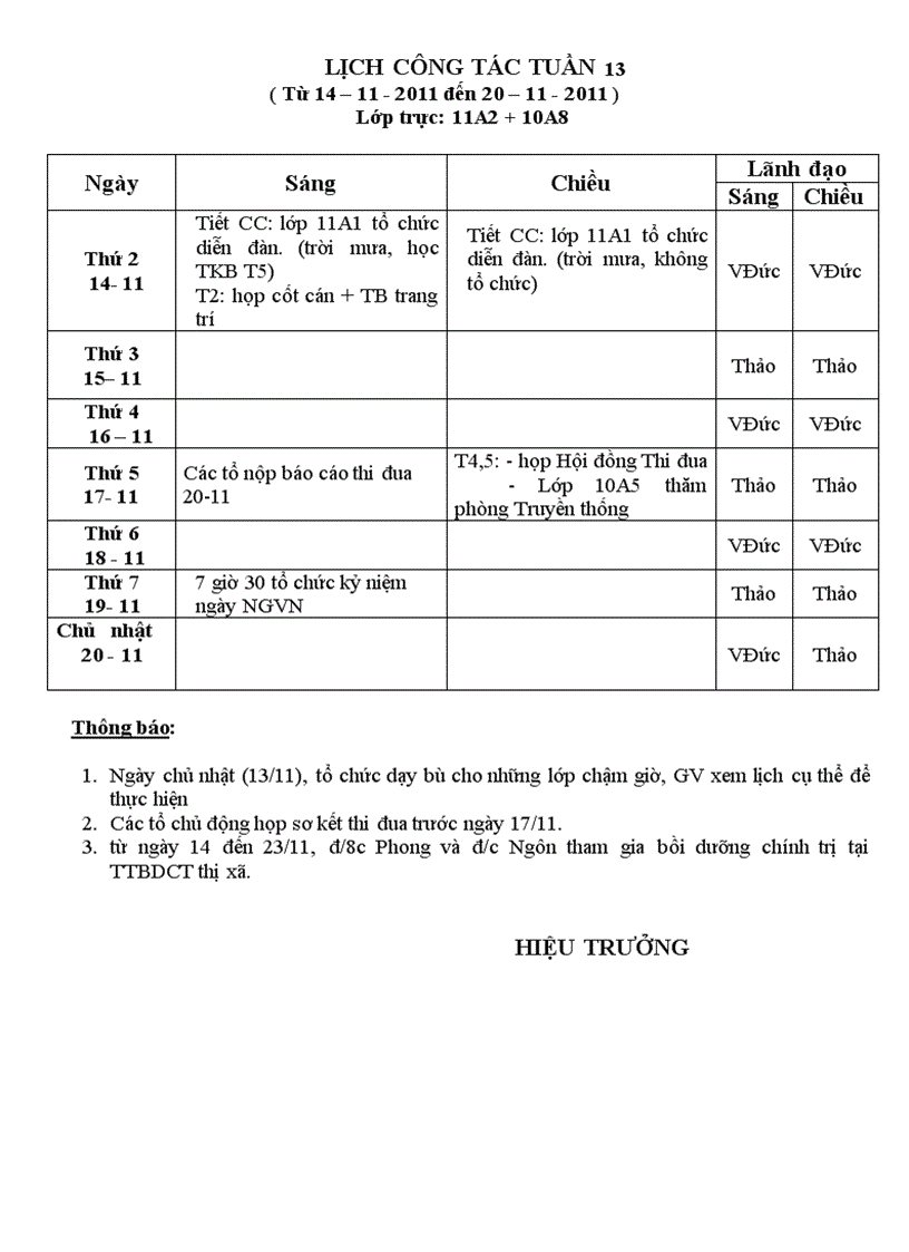 Lịch công tác tuần 13