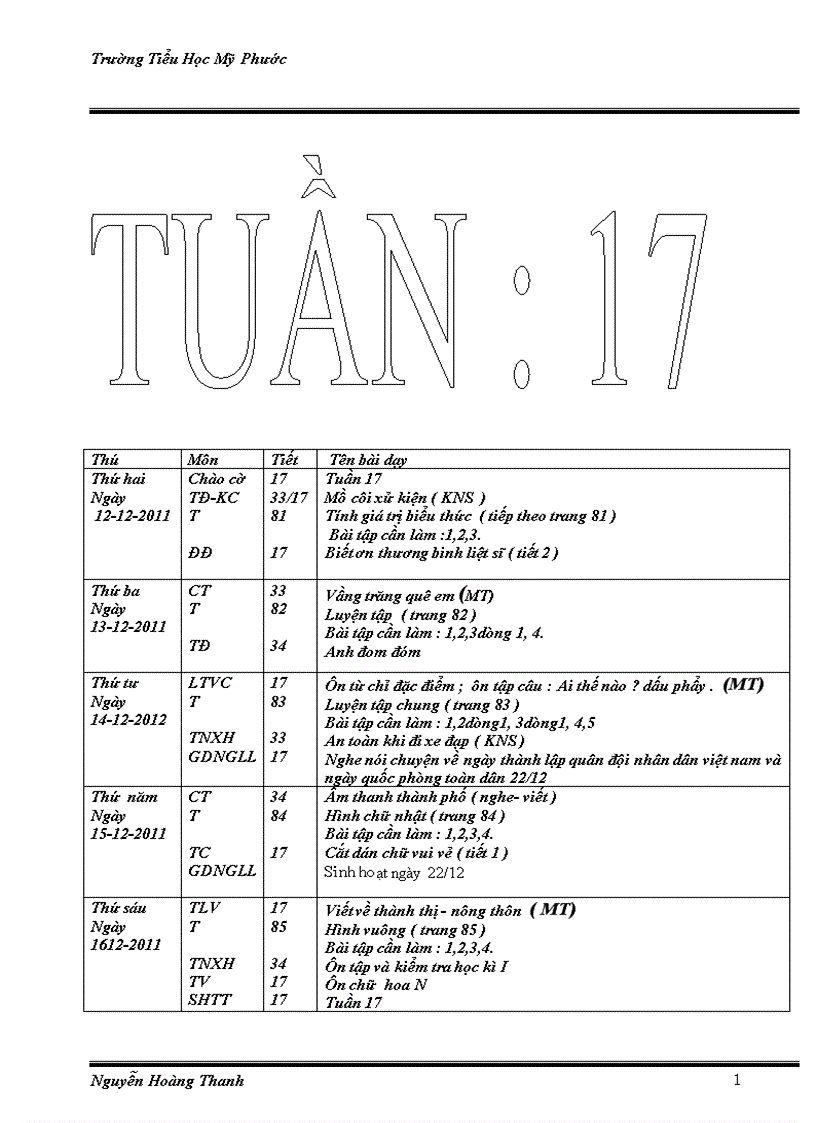 Lớp 3 tuần 17 năm 2011 2012