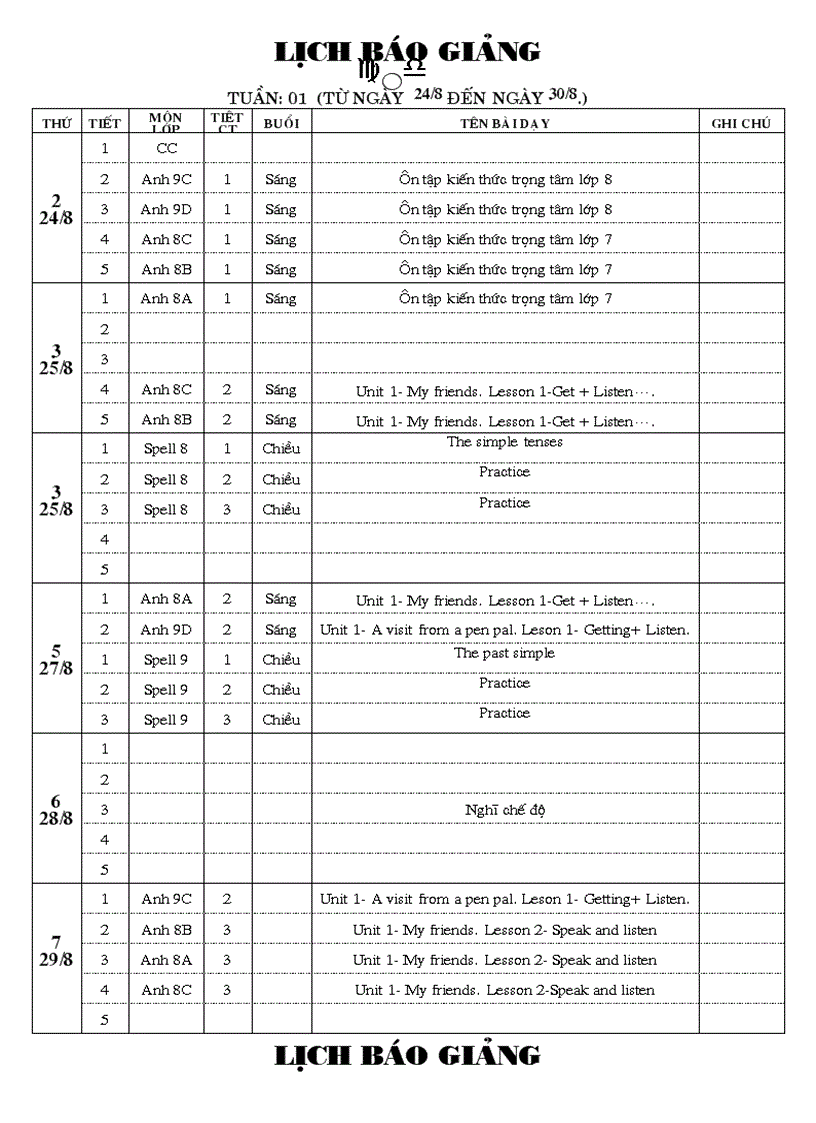 Mẫu phiếu báo giảng